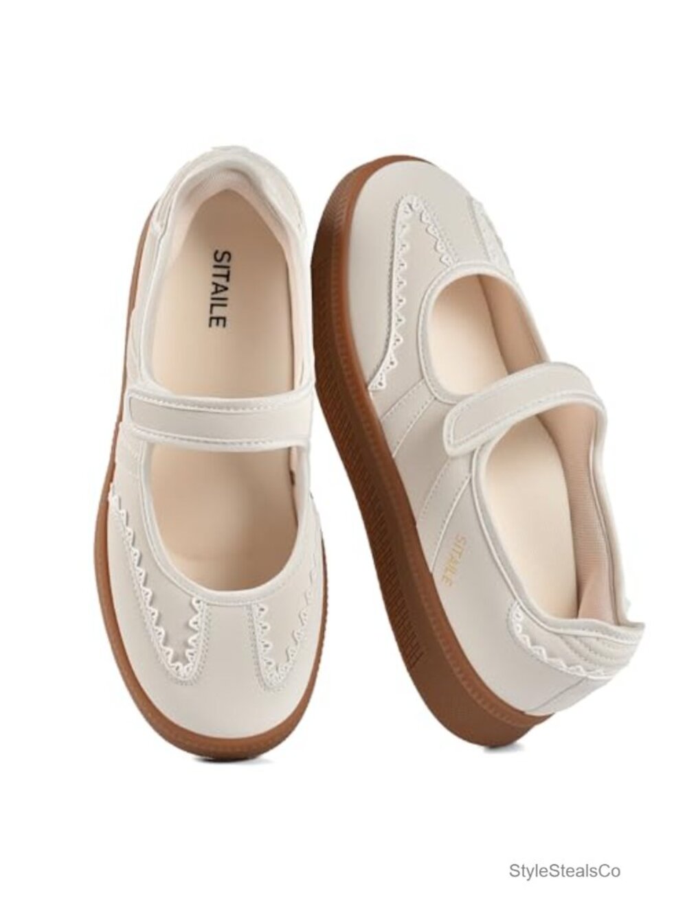 Women's Retro Mary Jane Fashion Sneakers with Scalloped Trim, Adjustable Hook &